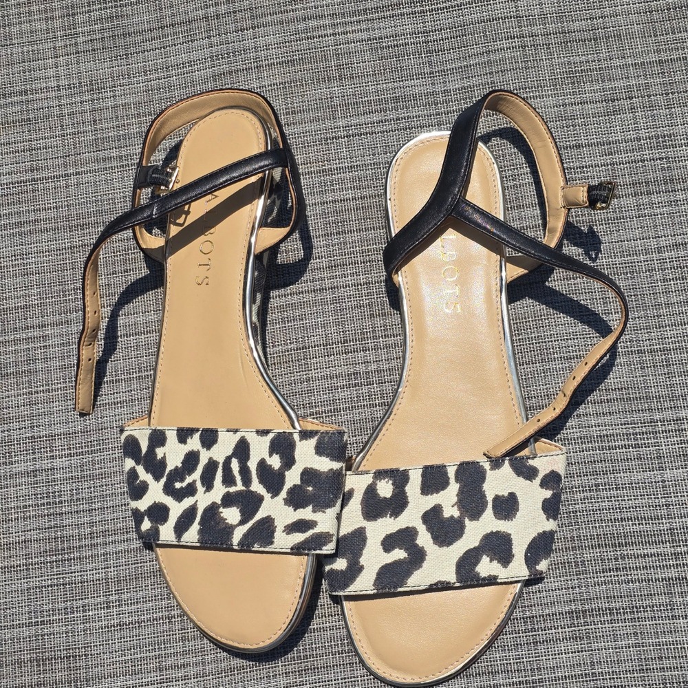 Talbots Leopard Print Ankle Strap Sandals Womens‎ 6.5M Black Tan Leather Textile